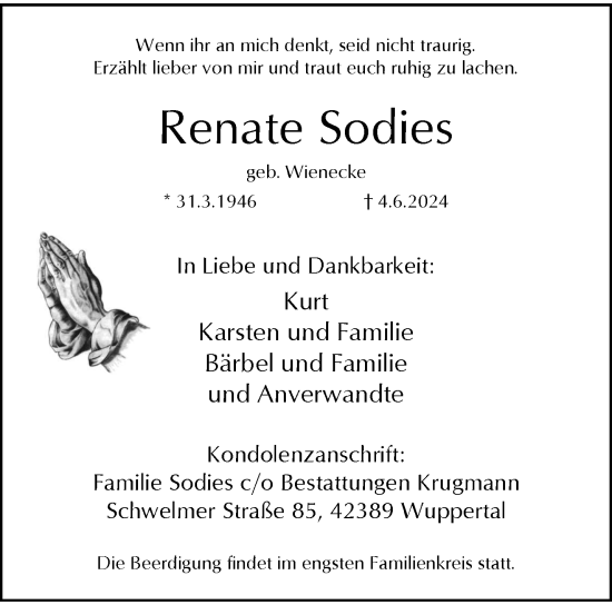 Traueranzeige von Renate Sodies von trauer.wuppertaler-rundschau.de