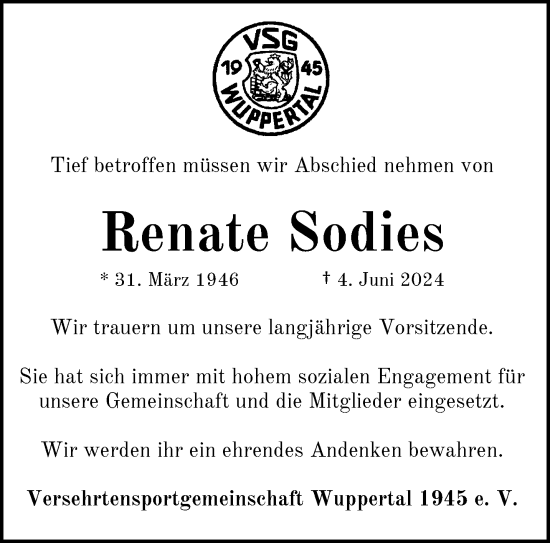 Traueranzeige von Renate Sodies von trauer.wuppertaler-rundschau.de