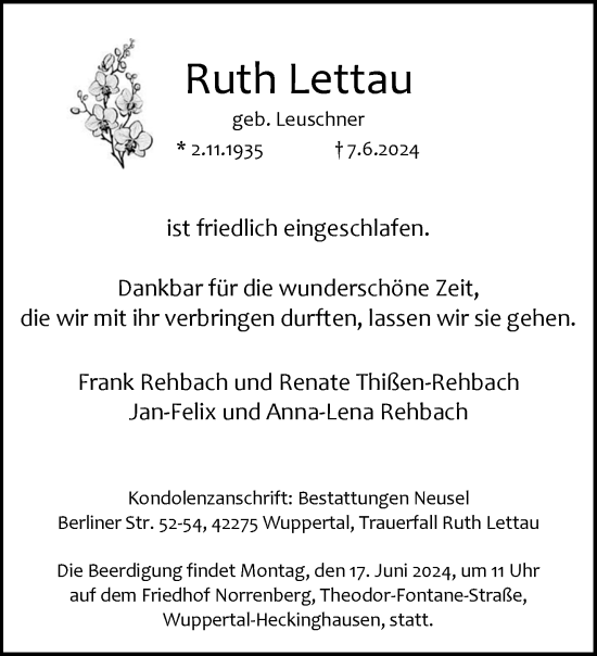 Traueranzeige von Ruth Lettau von trauer.wuppertaler-rundschau.de