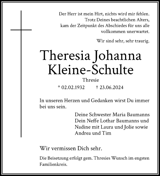 Traueranzeige von Theresia Johanna Kleine-Schulte von trauer.extra-tipp-moenchengladbach.de