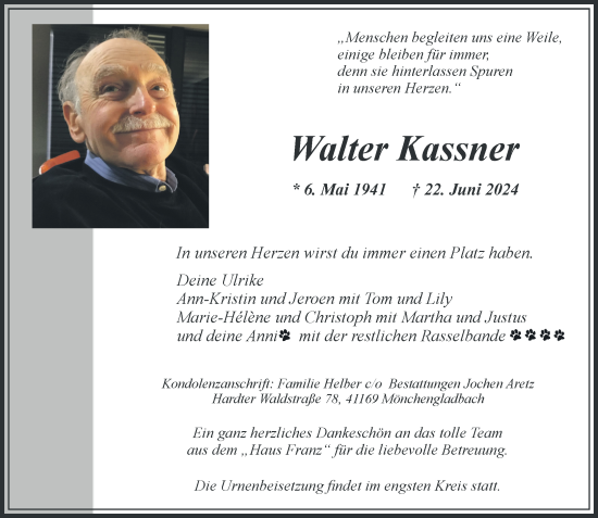 Traueranzeige von Walter Kassner von trauer.extra-tipp-moenchengladbach.de