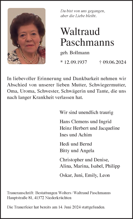 Traueranzeige von Waltraud Paschmanns von trauer.extra-tipp-moenchengladbach.de