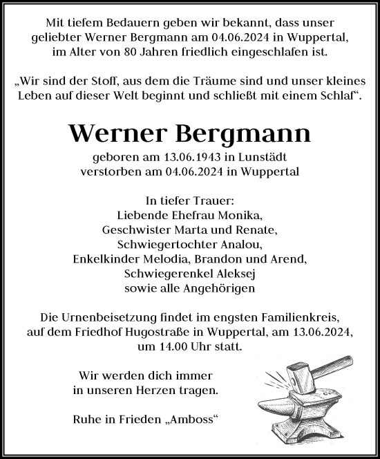 Traueranzeige von Werner Bergmann von trauer.wuppertaler-rundschau.de