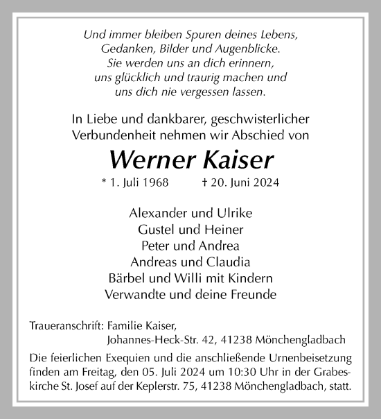 Traueranzeige von Werner Kaiser von trauer.extra-tipp-moenchengladbach.de