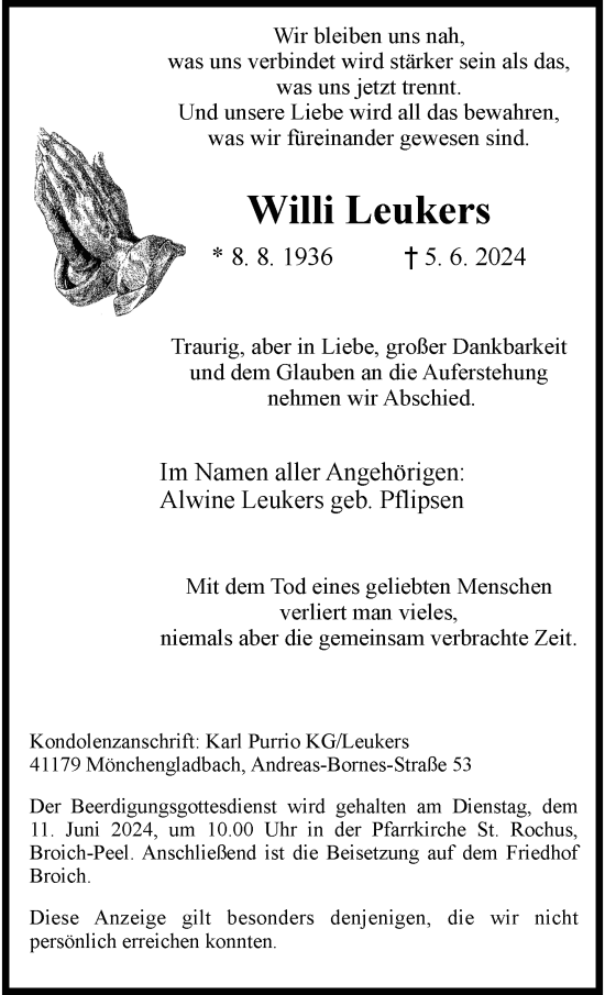 Traueranzeige von Willi Leukers von trauer.extra-tipp-moenchengladbach.de