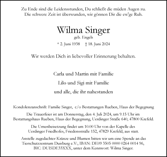 Traueranzeige von Wilma Singer von trauer.extra-tipp-moenchengladbach.de