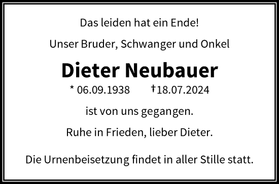 Traueranzeige von Dieter Neubauer von trauer.wuppertaler-rundschau.de