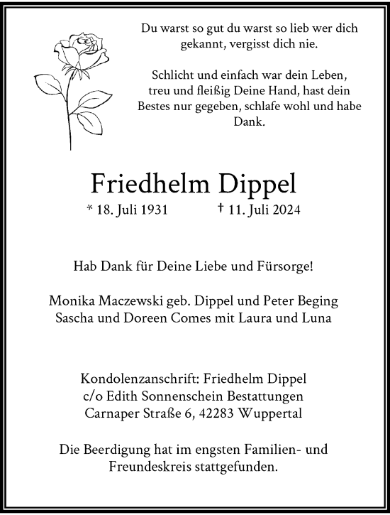 Traueranzeige von Friedhelm Dippel von trauer.wuppertaler-rundschau.de