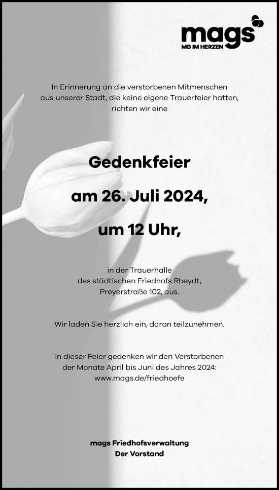 Traueranzeige von Gedenkfeier  von trauer.extra-tipp-moenchengladbach.de