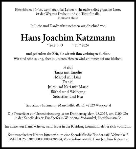 Traueranzeige von Hans Joachim Katzmann von trauer.wuppertaler-rundschau.de