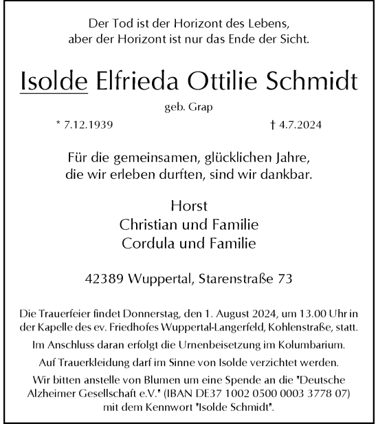 Traueranzeige von Isolde Elfrieda Ottilie Schmidt von trauer.wuppertaler-rundschau.de