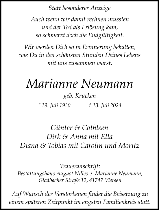 Traueranzeige von Marianne Neumann von trauer.extra-tipp-moenchengladbach.de