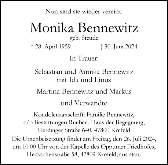 Traueranzeige von Monika Bennewitz von trauer.extra-tipp-moenchengladbach.de