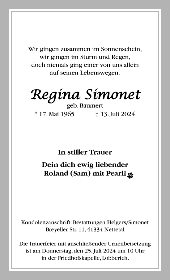 Traueranzeige von Regina Simonet von trauer.extra-tipp-moenchengladbach.de