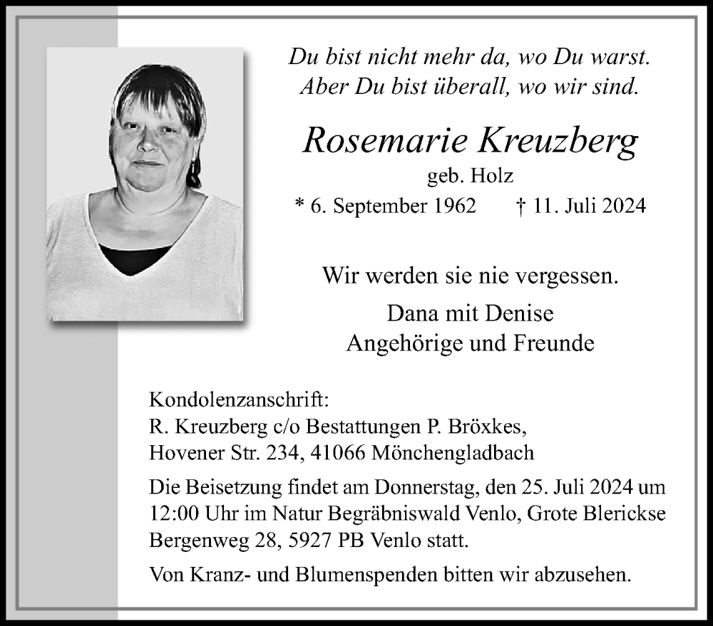  Traueranzeige für Rosemarie Kreuzberg vom 21.07.2024 aus trauer.extra-tipp-moenchengladbach.de