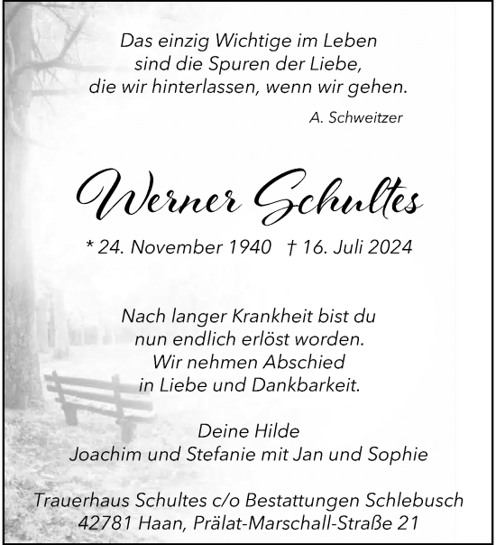 Traueranzeige von Werner Schultes von trauer.wuppertaler-rundschau.de
