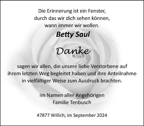 Traueranzeige von Betty Saul von trauer.extra-tipp-moenchengladbach.de