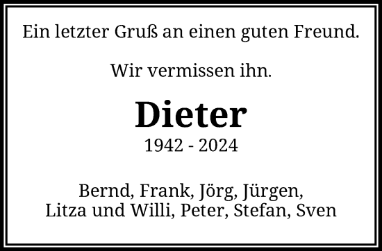 Traueranzeige von Dieter  von trauer.wuppertaler-rundschau.de