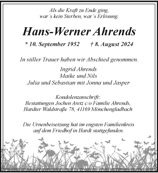 Traueranzeige von Hans-Werner Ahrends von trauer.extra-tipp-moenchengladbach.de