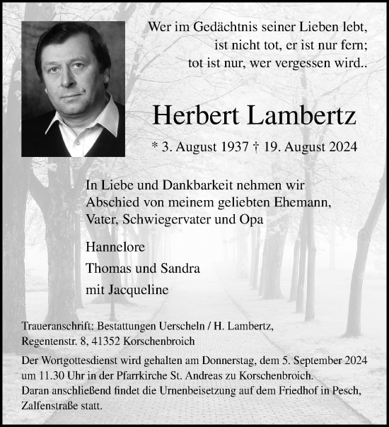 Traueranzeige von Herbert Lambertz von trauer.extra-tipp-moenchengladbach.de