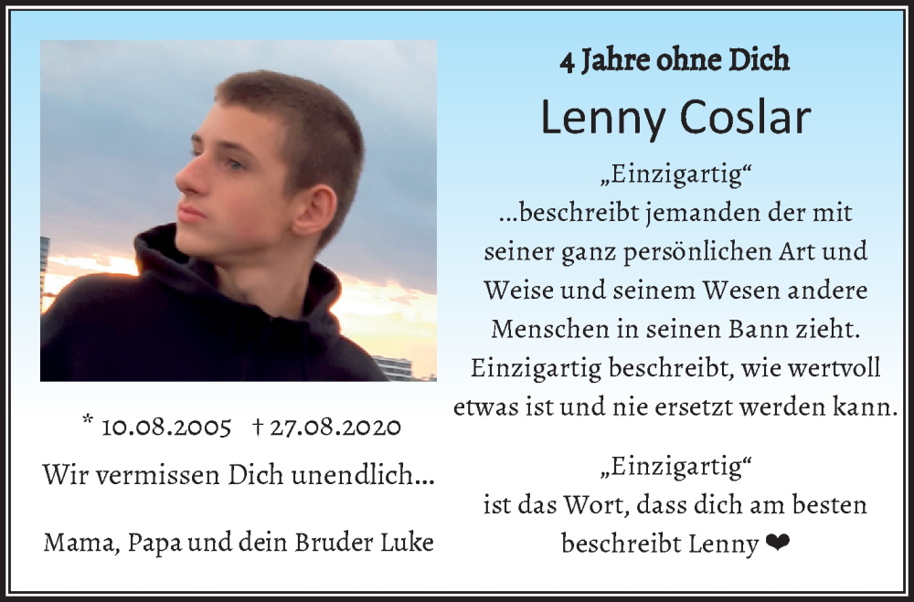  Traueranzeige für Lenny Coslar vom 01.09.2024 aus trauer.extra-tipp-moenchengladbach.de