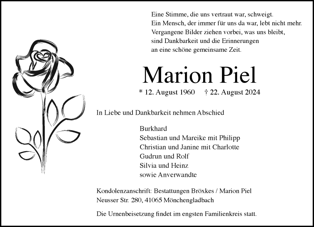  Traueranzeige für Marion Piel vom 01.09.2024 aus trauer.extra-tipp-moenchengladbach.de