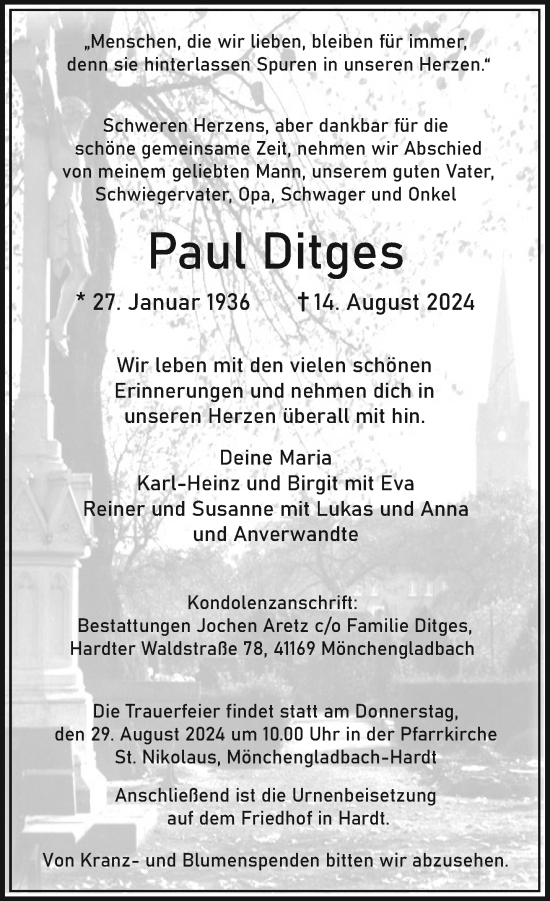 Traueranzeige von Paul Ditges von trauer.extra-tipp-moenchengladbach.de