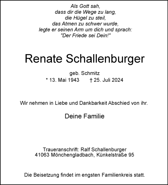 Traueranzeige von Renate Schallenburger von trauer.extra-tipp-moenchengladbach.de