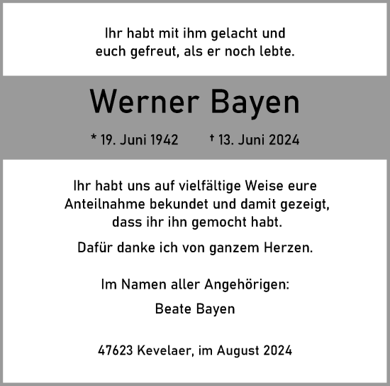 Traueranzeige von Werner Bayen von trauer.extra-tipp-moenchengladbach.de