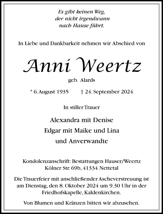 Traueranzeige von Anni Weertz von trauer.extra-tipp-moenchengladbach.de