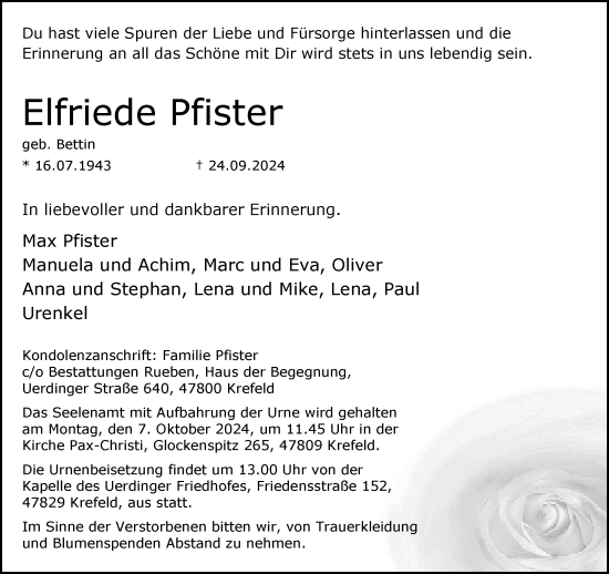 Traueranzeige von Elfriede Pfister von trauer.extra-tipp-moenchengladbach.de