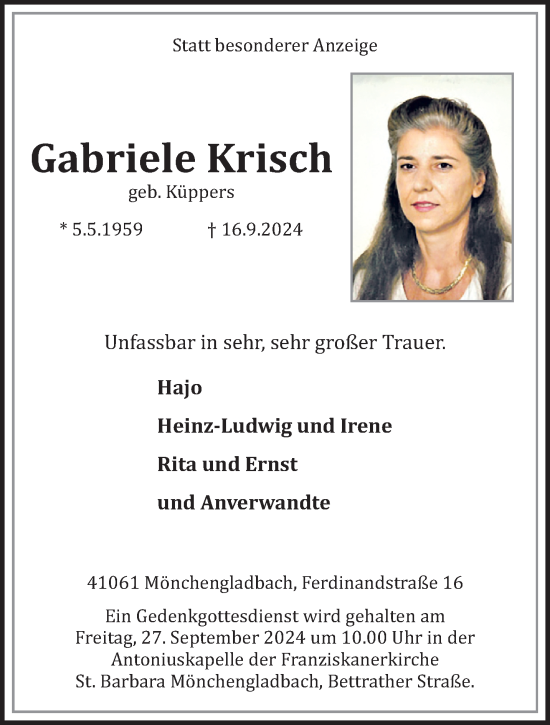 Traueranzeige von Gabriele Krisch von trauer.extra-tipp-moenchengladbach.de