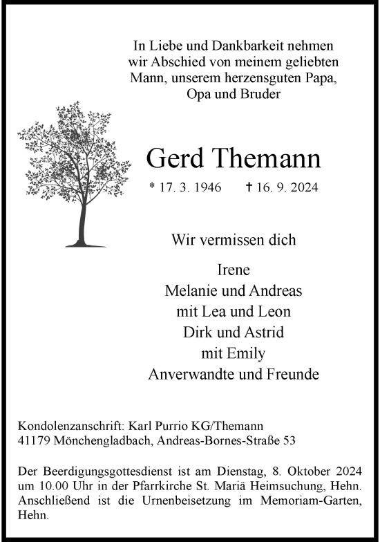 Traueranzeige von Gerd Themann von trauer.extra-tipp-moenchengladbach.de