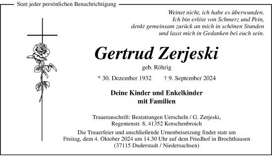 Traueranzeige von Gertrud Zerjeski von trauer.extra-tipp-moenchengladbach.de