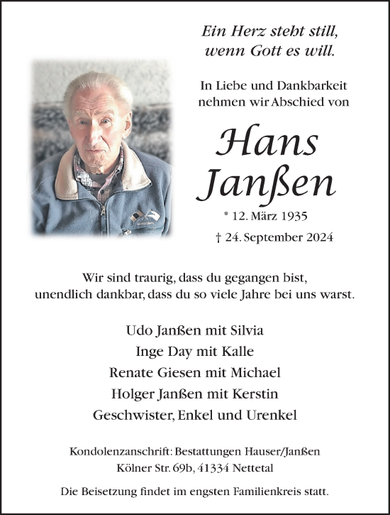 Traueranzeige von Hans Janßen von trauer.extra-tipp-moenchengladbach.de