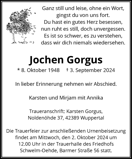 Traueranzeige von Jochen Gorgus von trauer.wuppertaler-rundschau.de