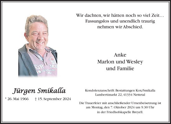 Traueranzeige von Jürgen Smikalla von trauer.extra-tipp-moenchengladbach.de