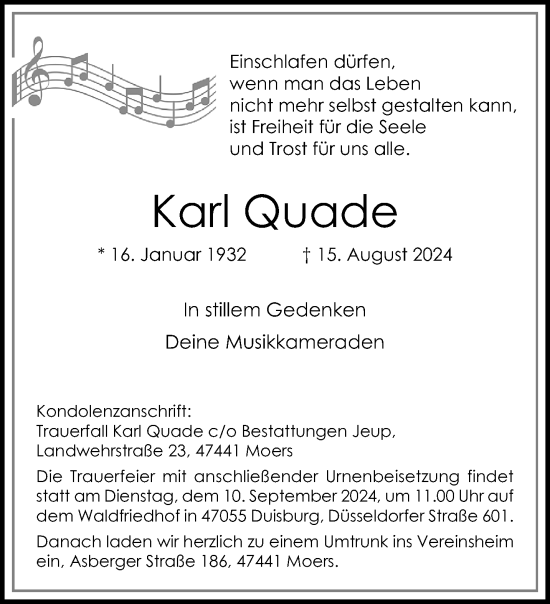 Traueranzeige von Karl Quade von trauer.extra-tipp-moenchengladbach.de