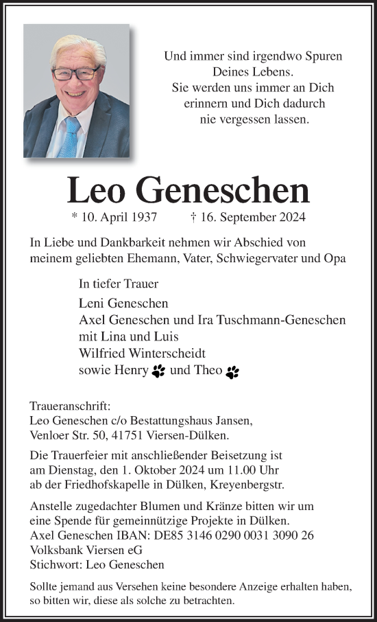 Traueranzeige von Leo Geneschen von trauer.extra-tipp-moenchengladbach.de