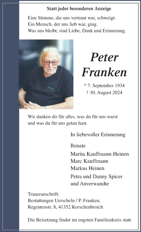 Traueranzeige von Peter Franken von trauer.extra-tipp-moenchengladbach.de