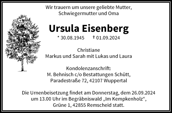 Traueranzeige von Ursula Eisenberg von trauer.wuppertaler-rundschau.de