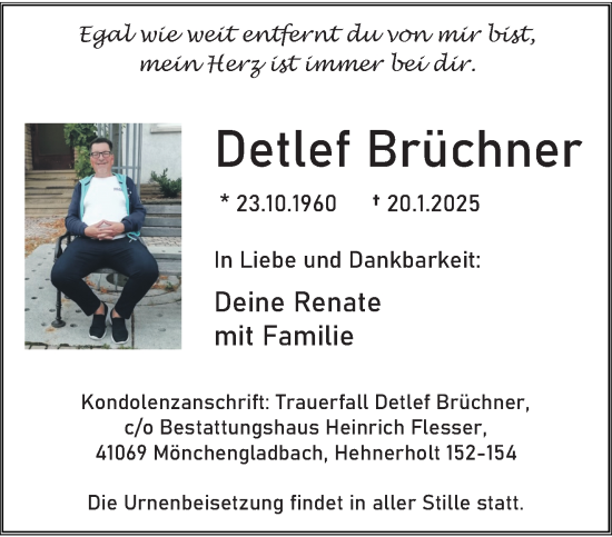 Traueranzeige von Detlef Brüchner von trauer.extra-tipp-moenchengladbach.de