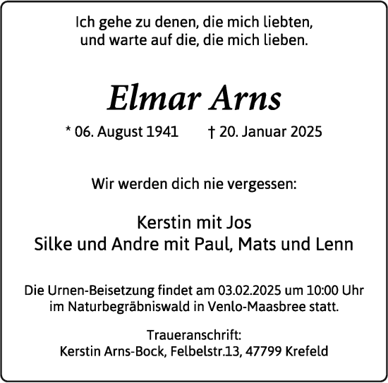 Traueranzeige von Elmar Arns von trauer.extra-tipp-moenchengladbach.de