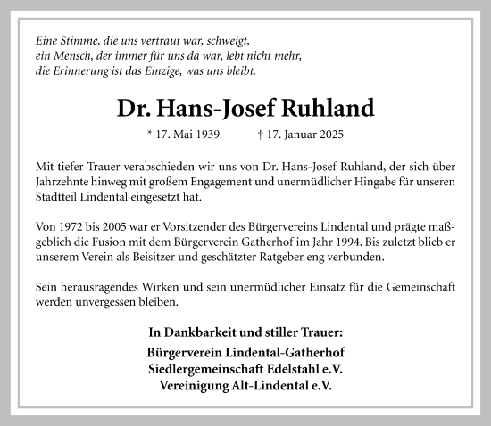 Traueranzeige von Hans-Josef Ruhland von trauer.extra-tipp-moenchengladbach.de