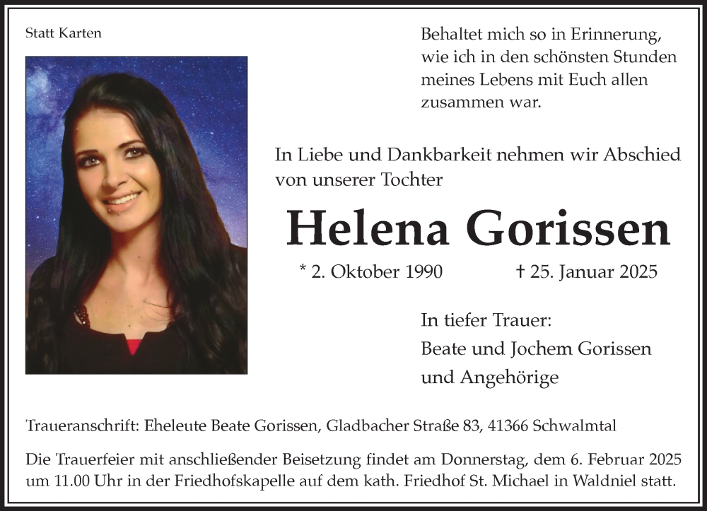  Traueranzeige für Helena Gorissen vom 02.02.2025 aus trauer.extra-tipp-moenchengladbach.de