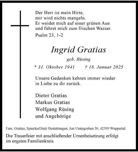 Traueranzeige von Ingrid Gratias von trauer.wuppertaler-rundschau.de