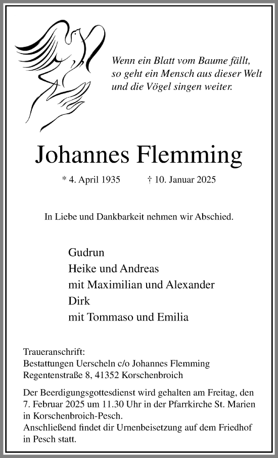 Traueranzeige von Johannes Flemming von trauer.extra-tipp-moenchengladbach.de