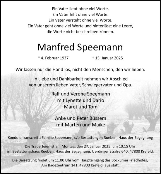 Traueranzeige von Manfred Speemann von trauer.extra-tipp-moenchengladbach.de