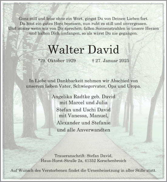 Traueranzeige von Walter David von trauer.extra-tipp-moenchengladbach.de