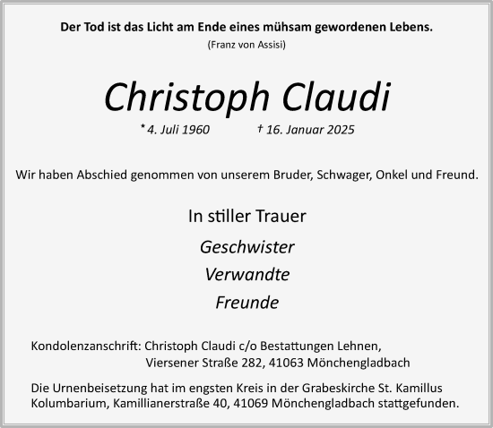 Traueranzeige von Christoph Claudi von trauer.extra-tipp-moenchengladbach.de